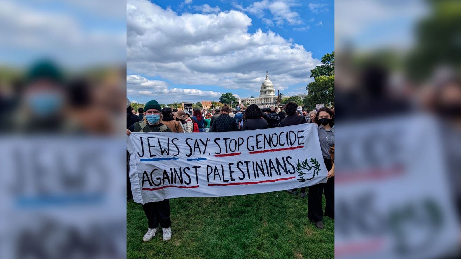 Judíos estadounidenses comenzaron su manifestación afuera del Capitolio antes de ingresar al recinto. (Foto: Voz Judía por la Paz)
