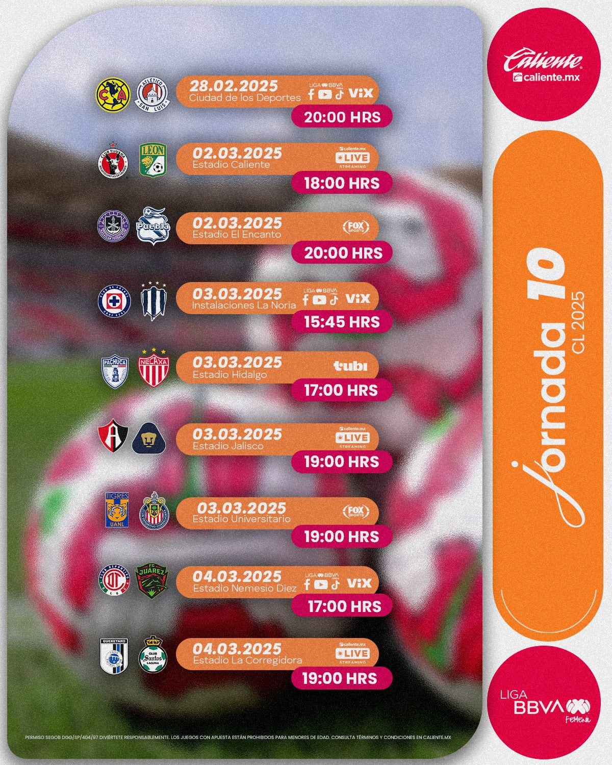 Calendario completo de la Liga MX Femenil correspondiente a la Jornada 10 del Clausura 2025. (Foto: Liga BBVA MX Femenil)