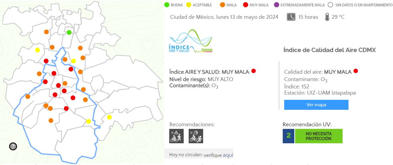 Los puntos en rojo en el mapa representan muy mala calidad del aire en CDMX y Edomex.