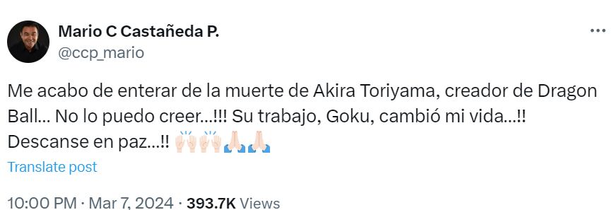 Mario Castañeda, la voz de Goku, lamentó la muerte de Akira Toriyama. (Foto: X / @ccp_mario)