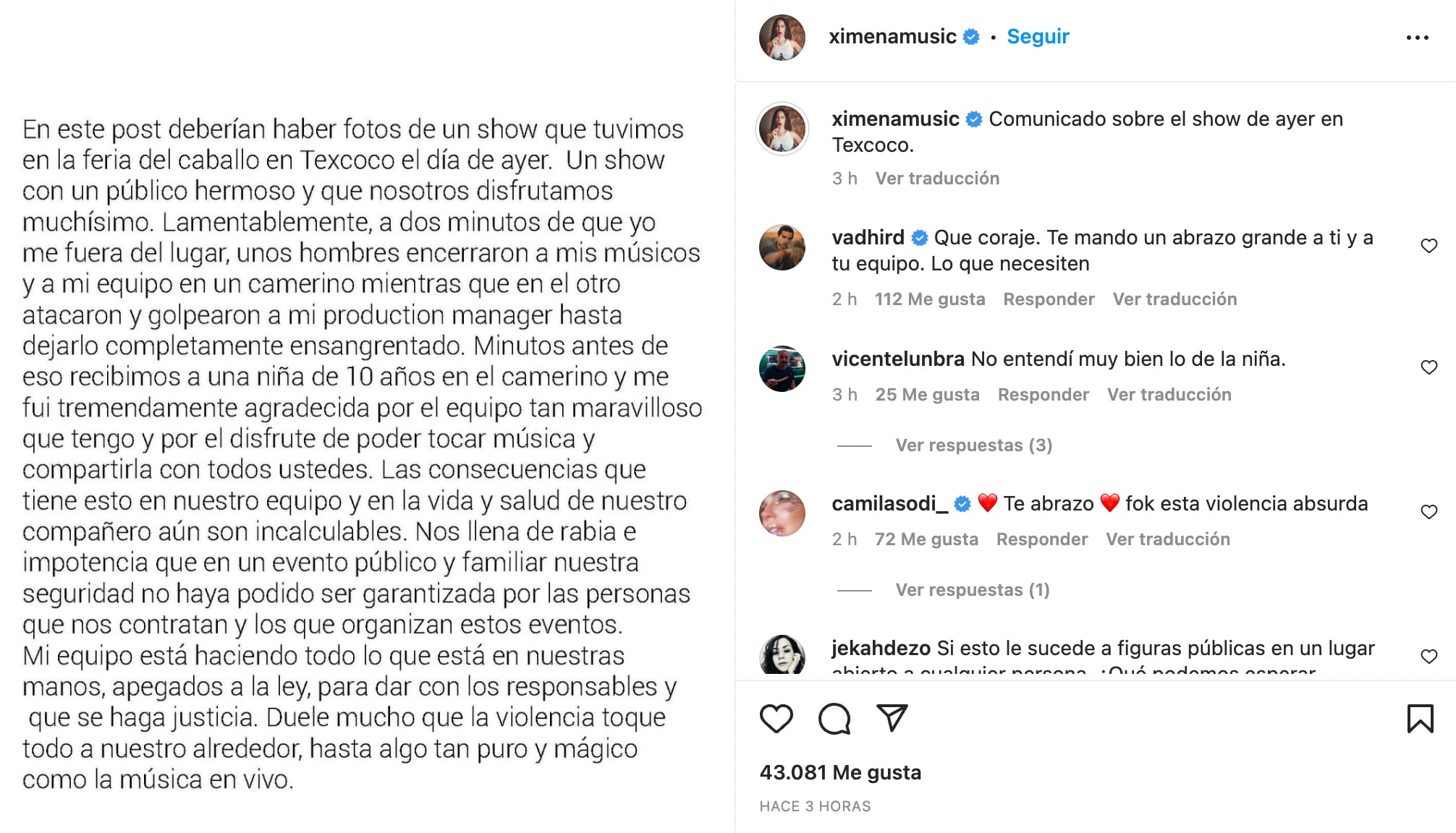 Ximena Sariñana habló sobre las agresiones que sufrió su staff tras un concierto en la Feria del Caballo. (Foto: Instagram @ximenamusic)
