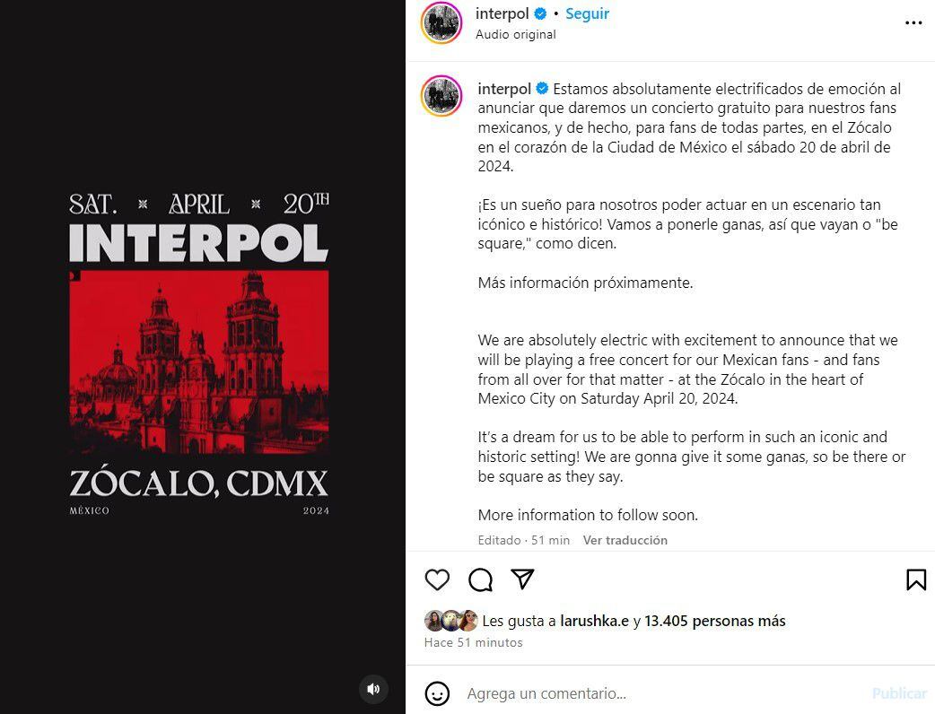 Interpol se mostró emocionado por presentarse en el Zócalo. (Foto: Captura de pantalla).