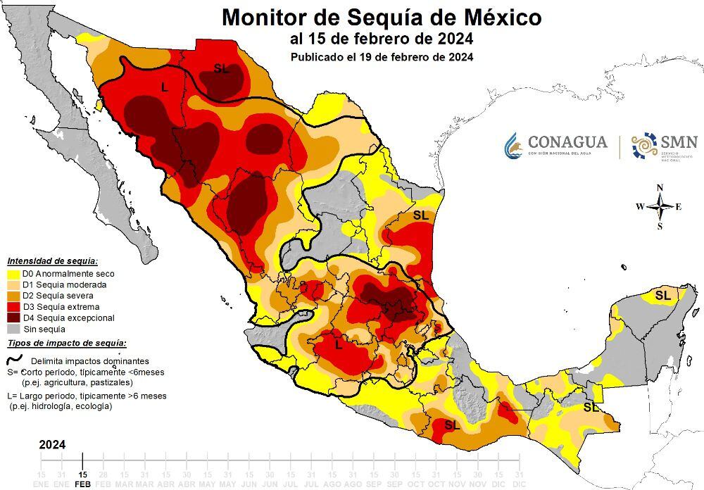 Mapa de la sequía en México, al 15 de febrero de 2024. 