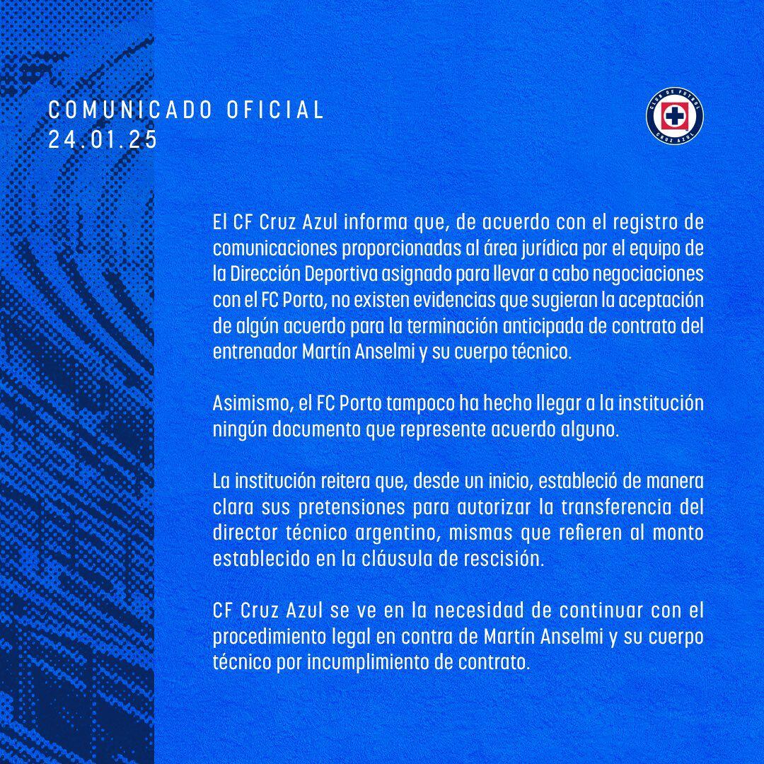 Cruz Azul informó que demandarán a Martín Anselmi por incumplimiento de contrato. (Foto: @CruzAzul)