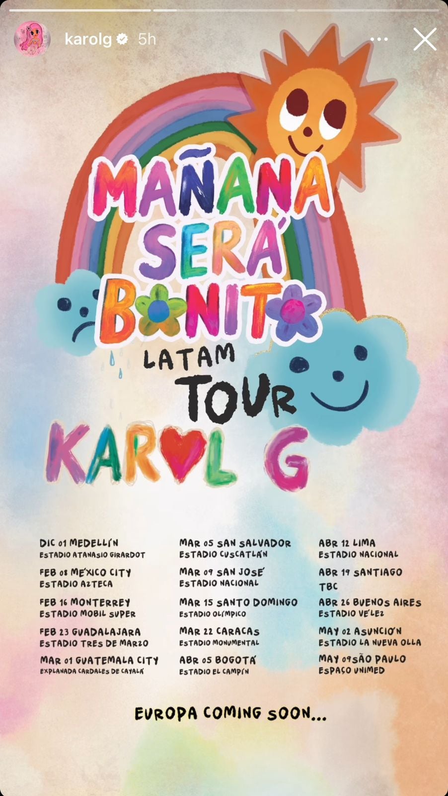 Fechas de Karol G en su tour por Latinoamérica. (Foto: Instagram / @karolg)