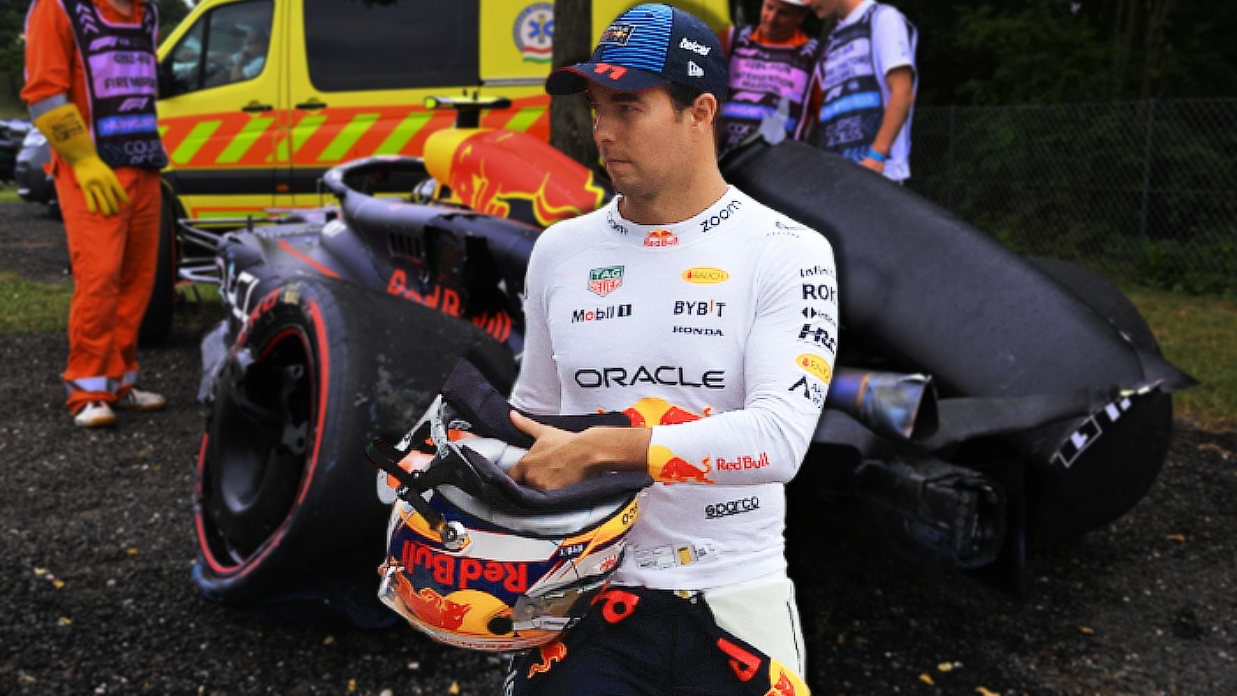 'Checo' Pérez sufrió un choque durante la primera ronda de la clasificación del GP de Hungría 2024. (Fotoarte: El Financiero)