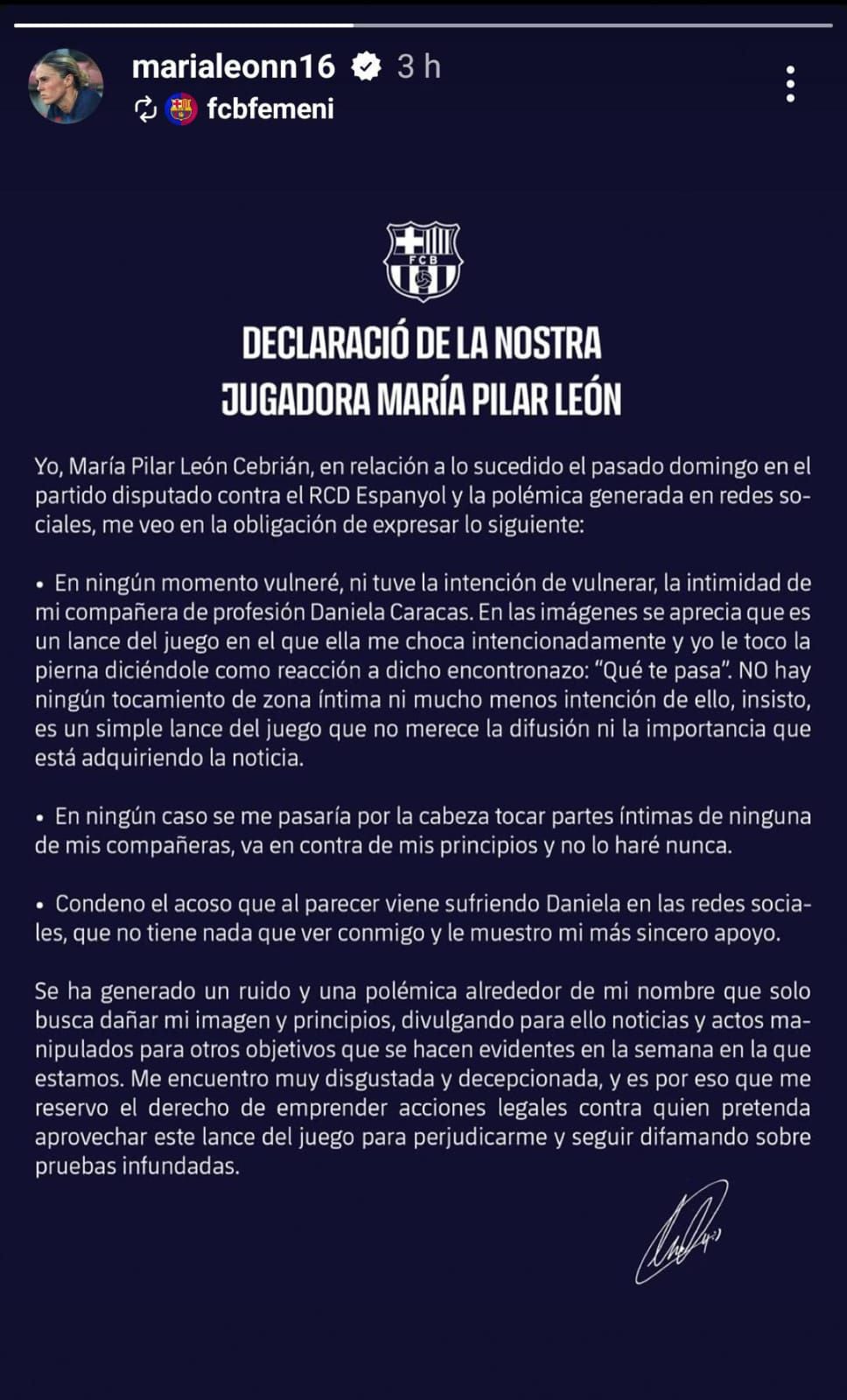 El comunicado de Mapi León tras ser señalada por agresión sexual a Daniela Caracas del RCD Espanyol femenil. (Foto: Captura Instagram @fcbfemeni)