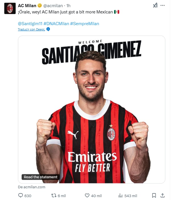 Milan confirmó a Santiago Giménez, quien tiene tres nacionalidades.