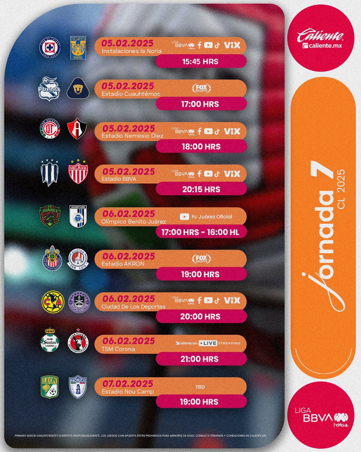 Horarios y transmisiones de la Jornada 7 del Clausura 2025 de la Liga MX femenil. (Foto: X @ligbbvafemenil)