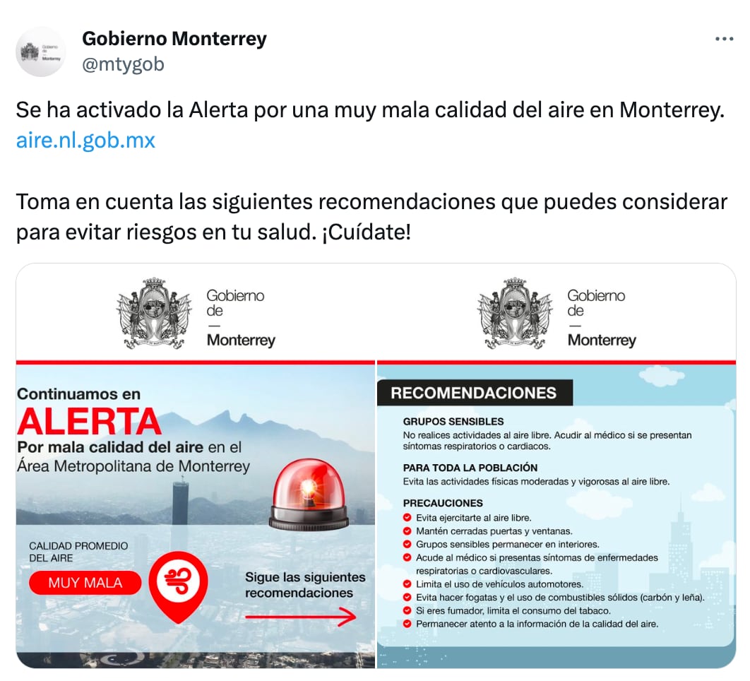 Recomendaciones por la mala calidad del aire eb Monterrey. (Foto: X @mtygob)