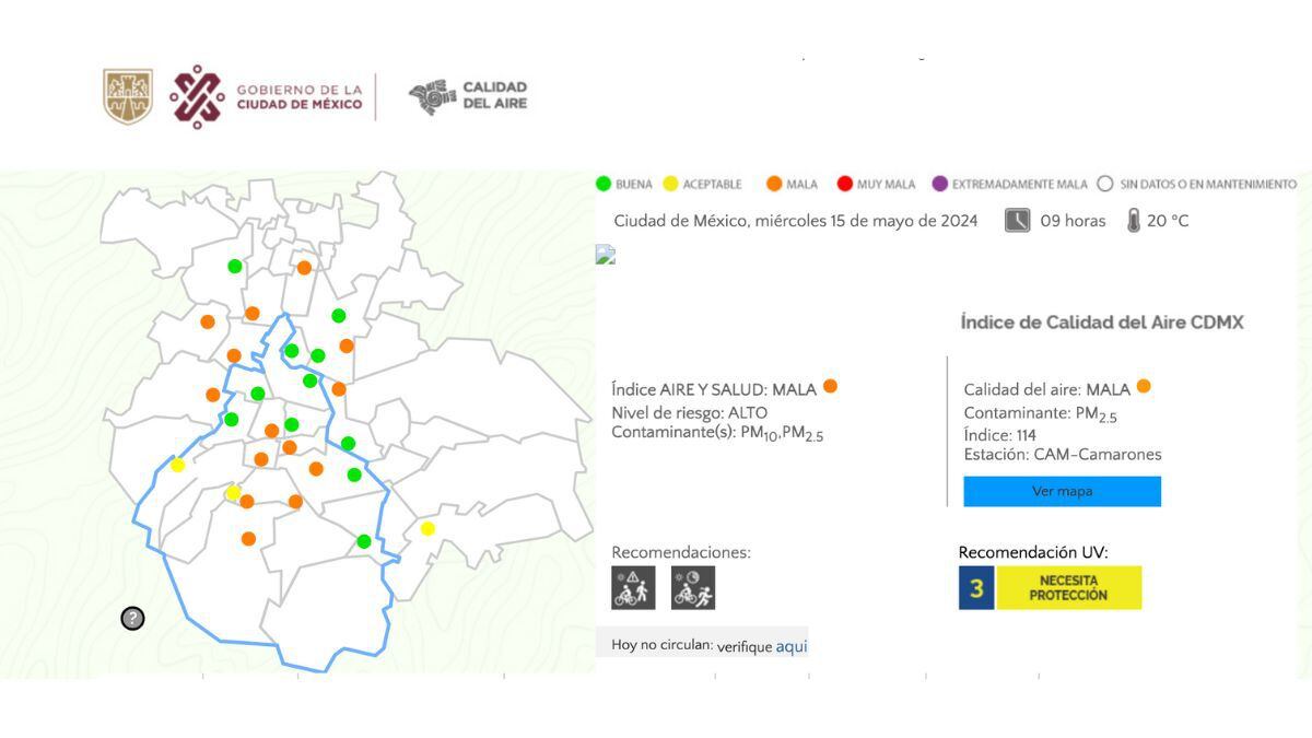 En el siguiente mapa, los puntos en naranja representan mala calidad del aire en CDMX y Edomex. (Sistema de Monitoreo Atmosférico)