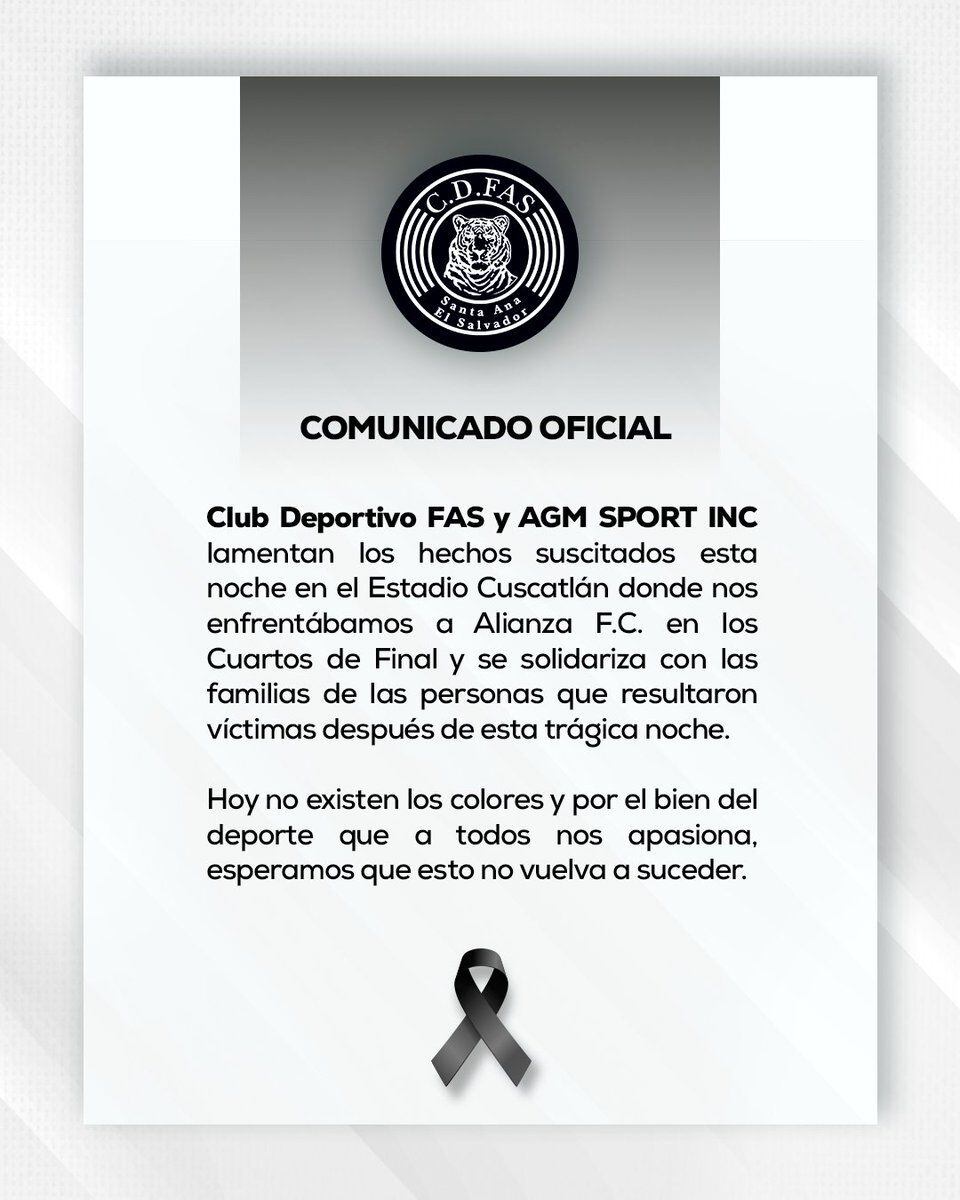 El club deportivo FAS lamentó la muerte de 12 personas en El Salvador. (Foto: Twitter / @CDeportivoFAS)