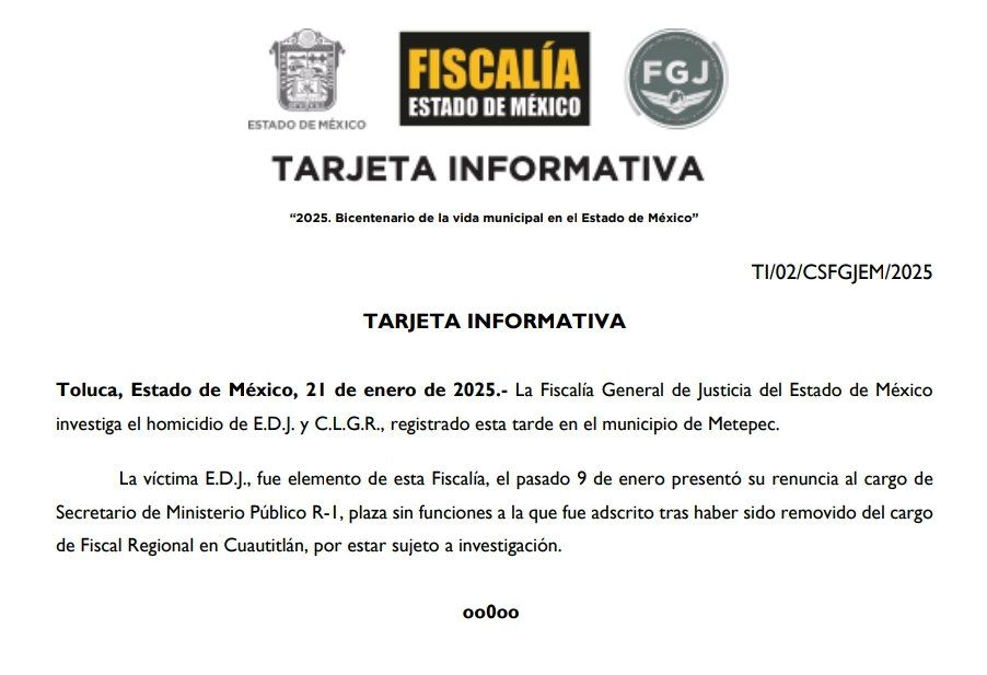 La Fiscalía del Estado de México confirmó el homicidio del exfiscal este martes. (Foto: FGJ-Edomex) 