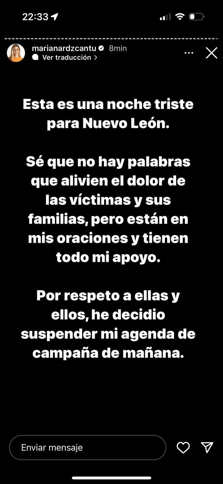 Mariana Rodríguez compartió un mensaje tras el accidente en el mitin de Maynez. (Foto: Instagram marianardzcantu)