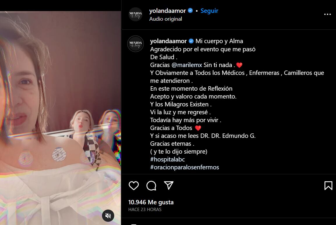  Yolanda Andrade publicó desde el hospital. (Foto: Instagram @yolandaamor)