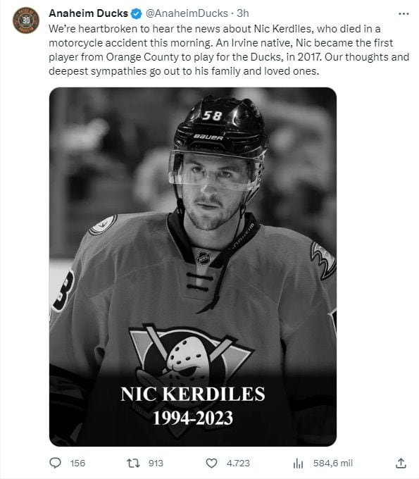 El equipo Anaheim Ducks mandó sus condolencias tras la muerte de Nic Kerdiles. (Foto: X @AnaheimDucks)