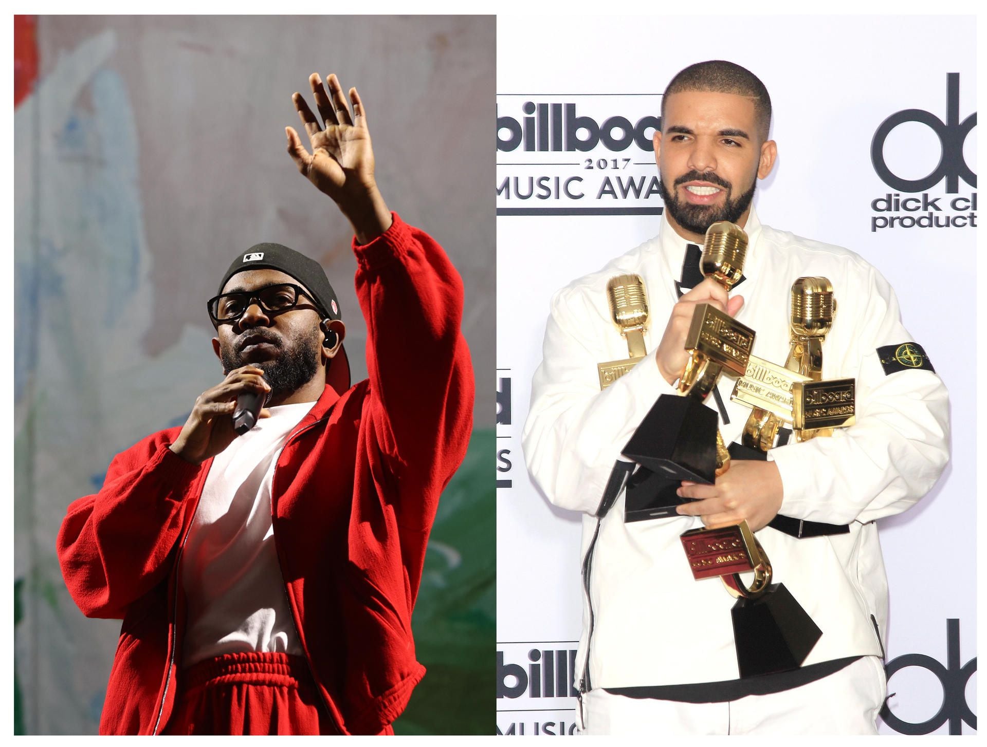 El músico estadounidense Kendrick Lamar (i) y al rapero canadiense Drake han sido rivales desde hace varios años. (Foto: EFE).