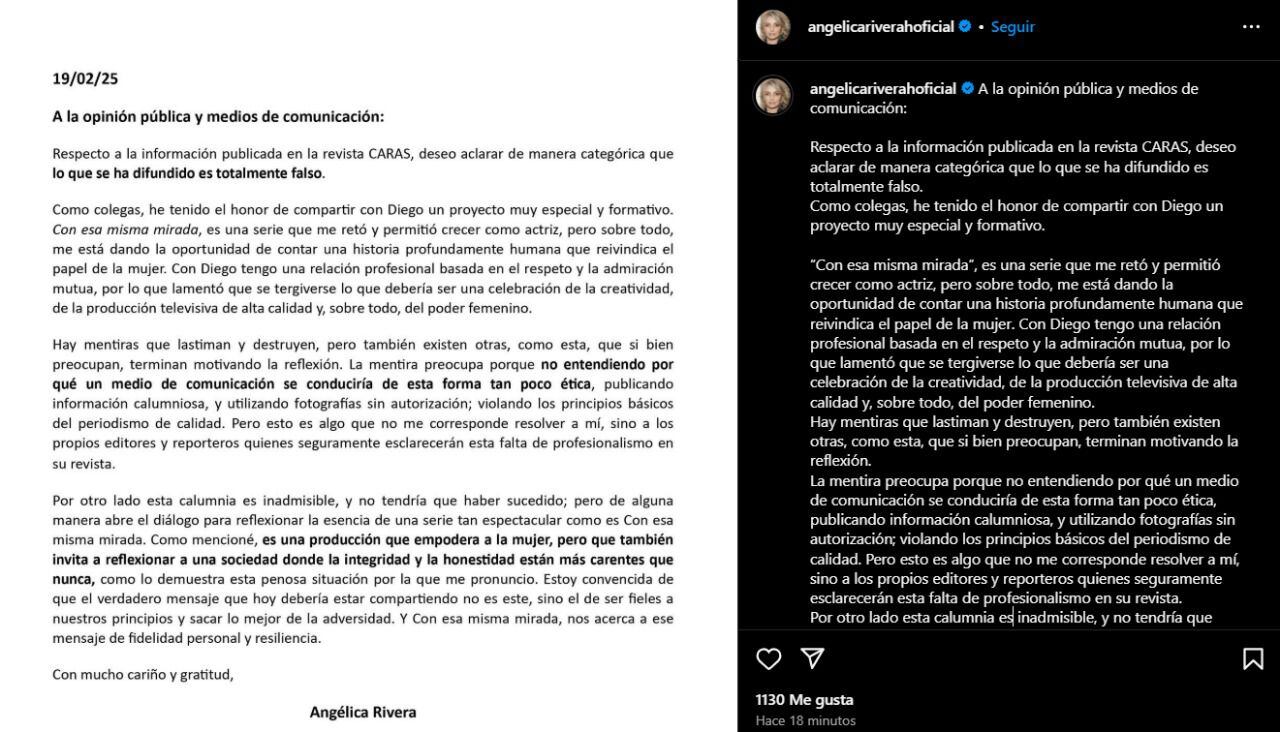 Comunicado de Angélica Rivera en Instagram. (Foto: Captura de pantalla)