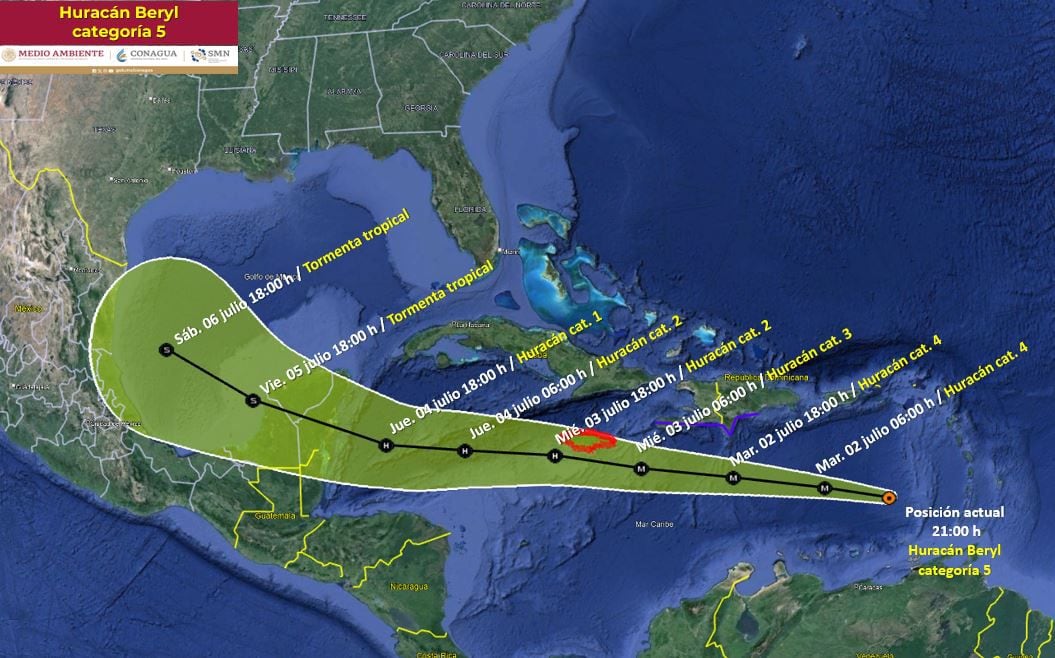 Pronóstico de trayectoria del huracán 'Beryl'