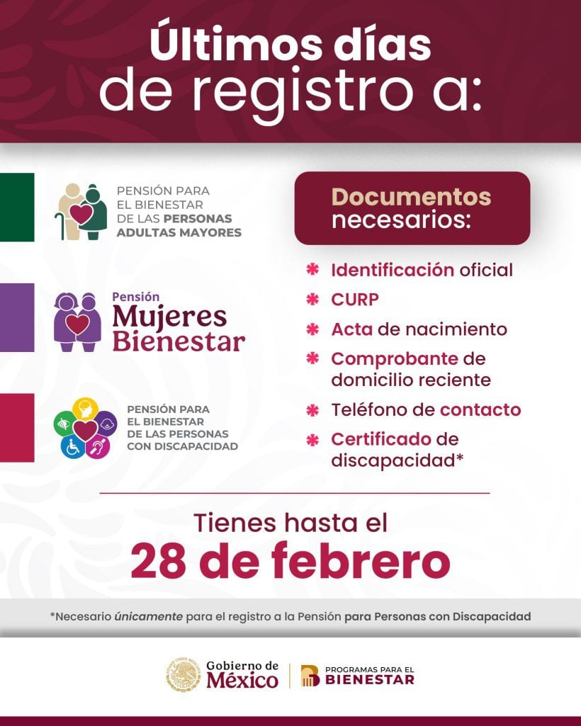 Requisitos para registrarse a la Pensión Bienestar. 