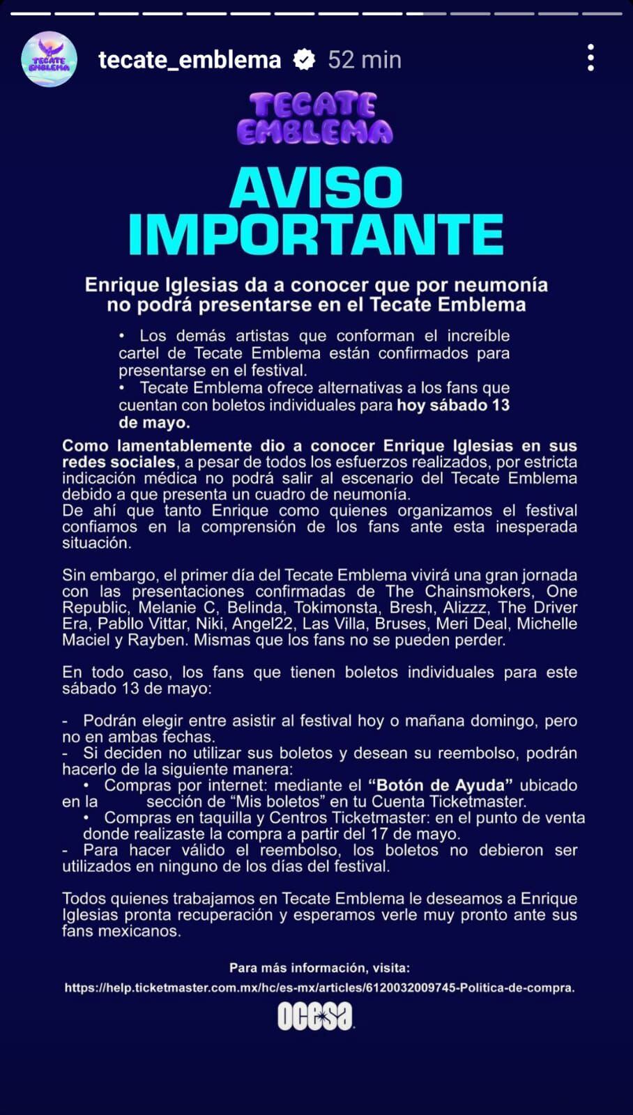 Comunicado de Tecate Emblema tras cancelación de Enrique Iglesias. (Foto: Captura de pantalla)