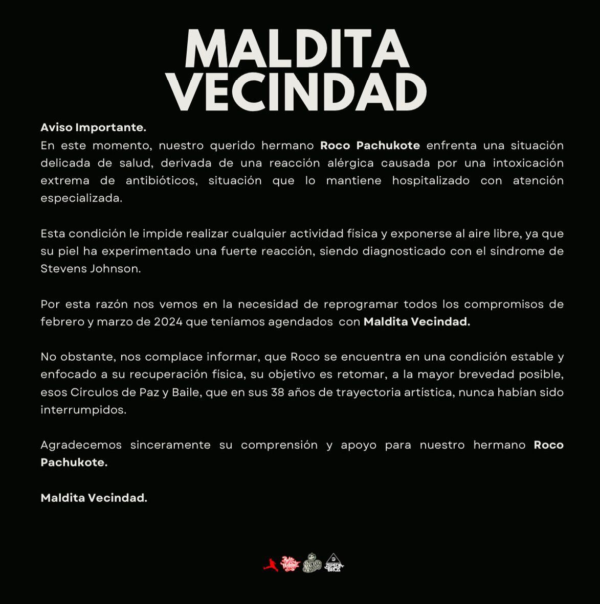 Comunicado de Maldita Vecindad sobre salud de Roco Pachukote. (Foto: Facebook @malditavecindad)