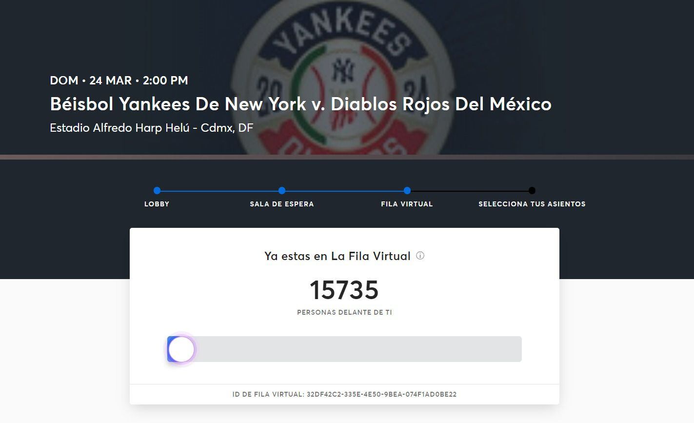 Captura de pantalla de la fila virtual en Ticketmaster para los partidos de Diablos Rojos vs. Yankees.