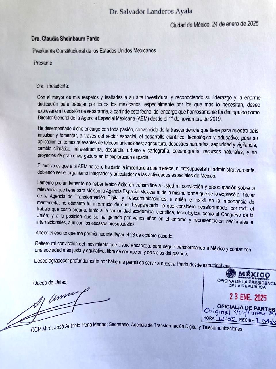 La carta de renuncia de Salvador Landeros fue difundida en redes sociales. (X @SNIconacyt) 