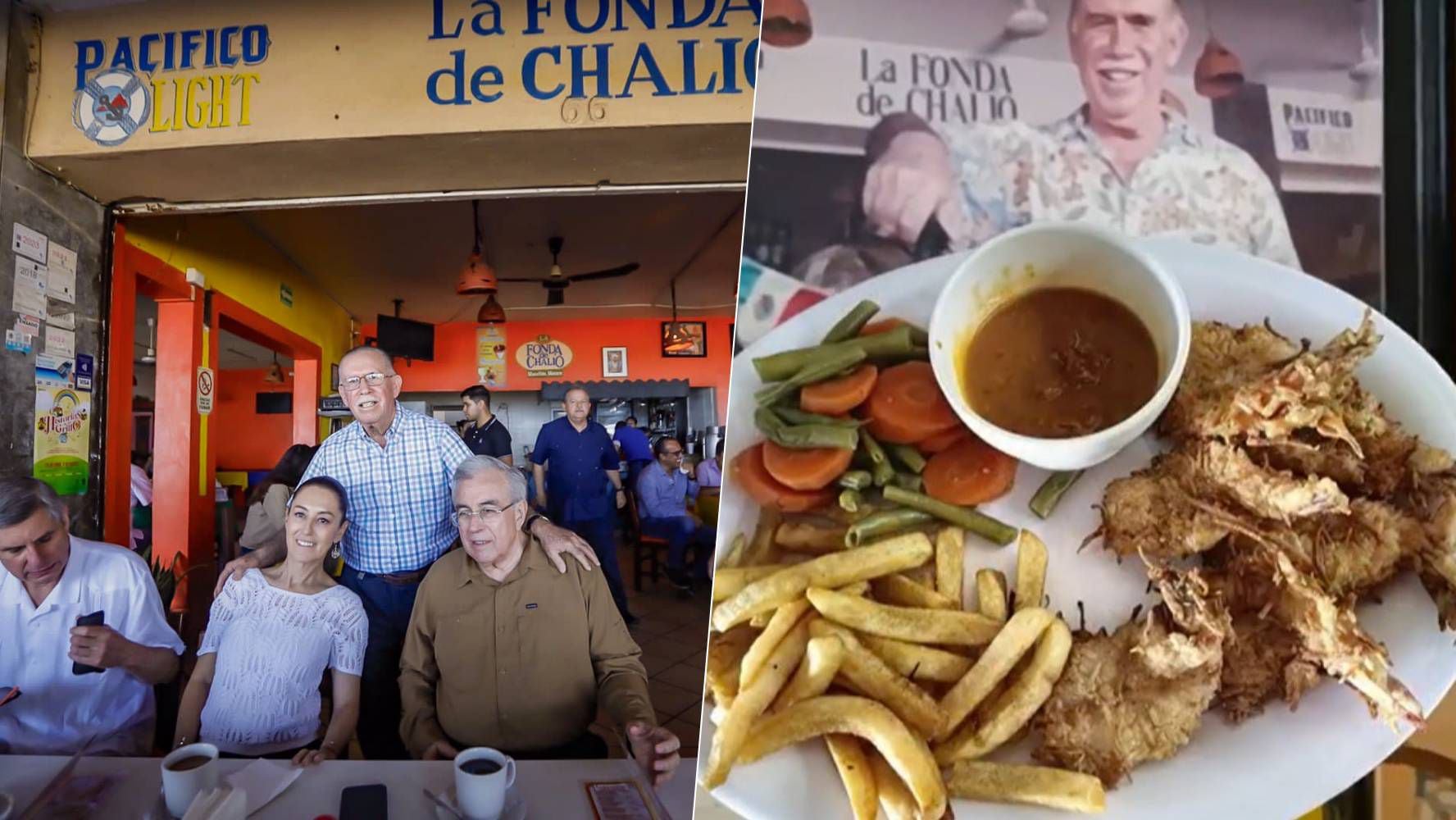 Claudia Sheinbaum es aficionada a la comida mexicana. (Foto: Twitter @rochamoya_ / Facebook La Fonda de Chalio en Mazatlán).