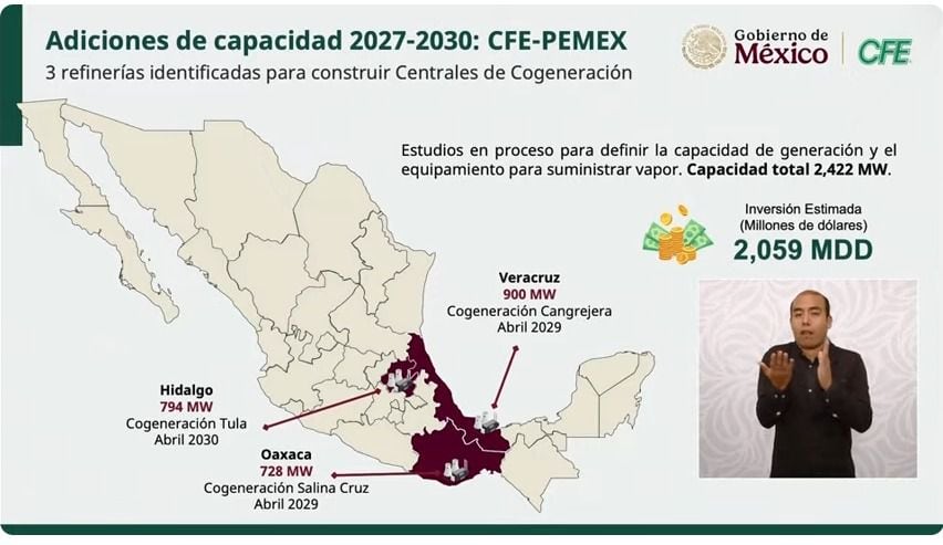 La CFE incluye un plan de cogeneración con Pemex entre sus futuros proyectos.