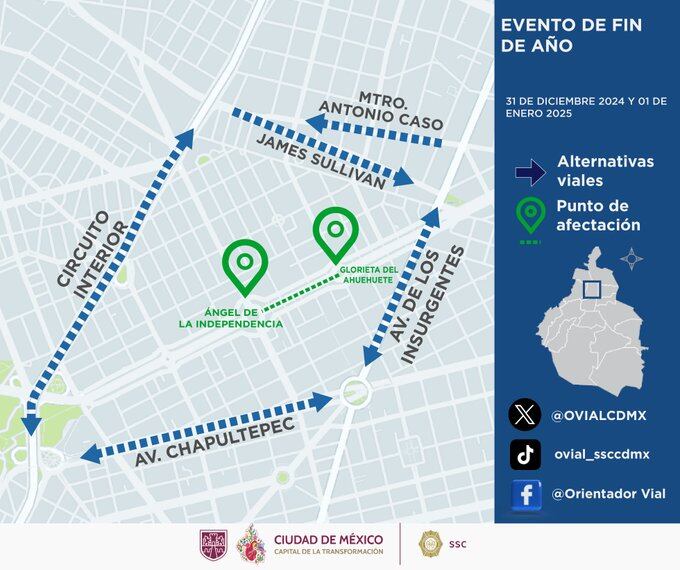 Estas son las alternativas viales que se pueden tomar cerca del Ángel de la Independencia, ante las afectaciones por el concierto de PolyMarchs (Foto: @OVIALCDMX)