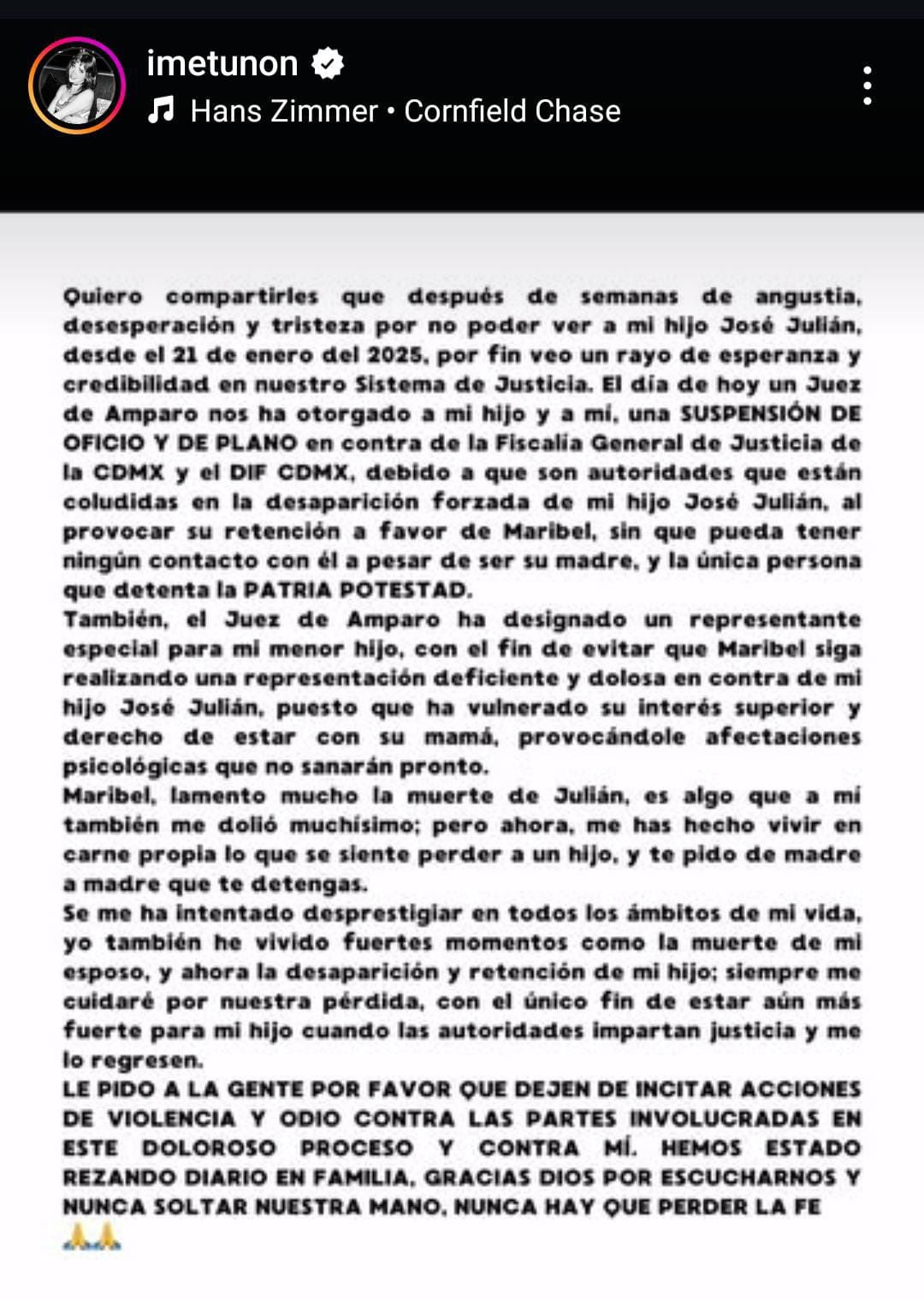 El comunicado de Imelda Tuñón donde señala a la Fiscalía y al DIF de la CDMX por 'desaparición' forzada de su hijo. (Foto: Instagram @imetunon)