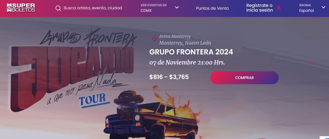 Rango de precios para Grupo Frontera en Monterrey, Nuevo León. (Foto: Captura de pantalla / Superboletos.com)