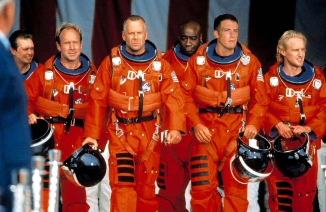 Steve Buscemi, Bruce Willis, Ben Affleck, Will Patton, Michael Clarke Duncan y Owen Wilson en 'Armageddon0 (1998). (Foto: IMDb).