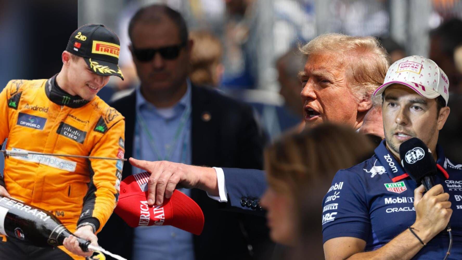 Donald Trump estuvo en el Gran Premio de Miami, en el garage de McLaren, donde le dijo a Lando Norris que él le dio suerte, también tuvo un incidente en el que su seguridad casi evitó el paso de 'Checo'. (Fotos: EFE).