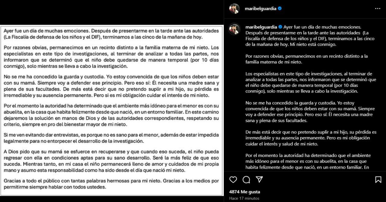 Comunicado de Maribel Guardia en Instagram. (Foto: Captura de pantalla)