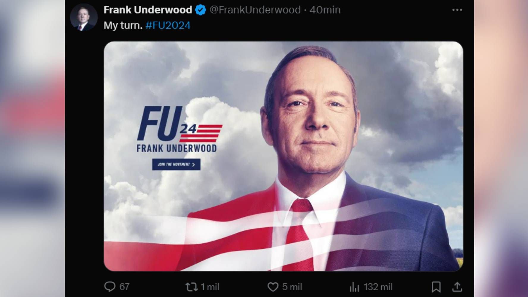 Frank Underwood, personaje ficticio de House of Cards, interpretado por Kevin Spacey, se propuso para candidato presidencial.