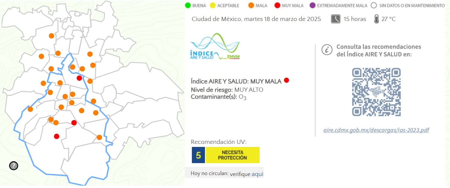 Así está la mala calidad del aire en Ciudad de México este 18 de marzo.