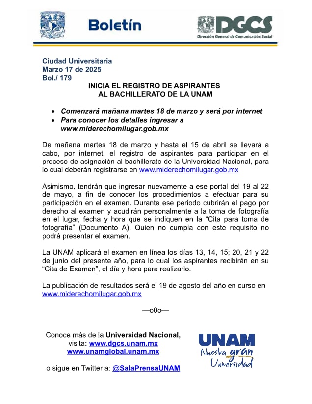 Este martes 18 de marzo inicia el registro por internet de aspirantes al bachillerato de la UNAM. 