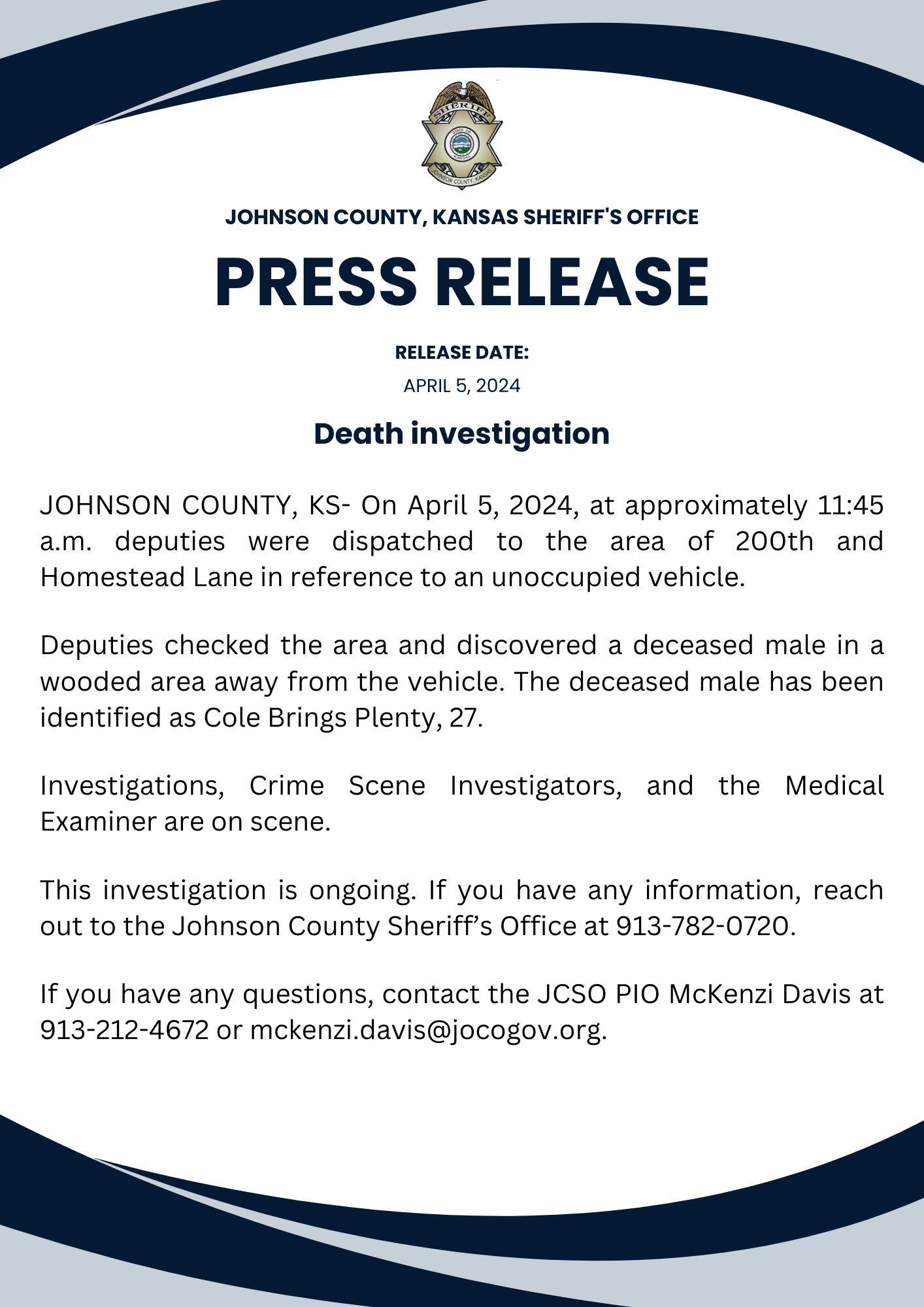 Comunicado del Johnson County, KS Sheriff's Office sobre la muerte del actor Cole Brings Plenty. (Foto: Johnson County, KS Sheriff's Office)