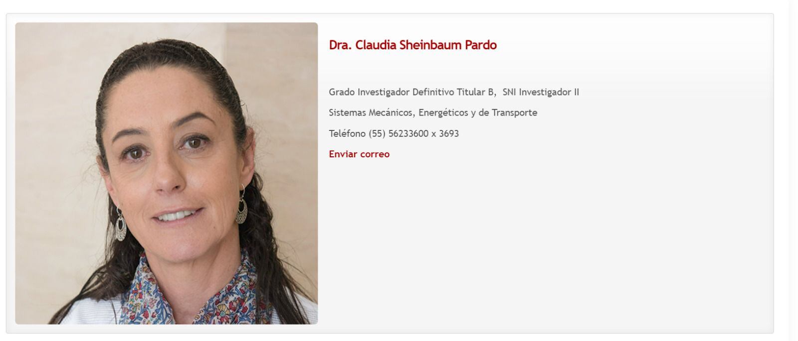 Ficha académica de Sheinbaum en el Instituto de Ingeniería de la UNAM.