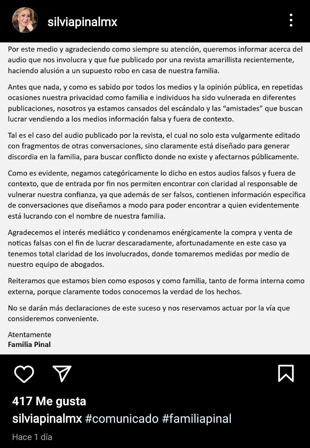 Captura de pantalla del comunicado compartido por la Familia Pinal en el perfil de Silvia Pinal en Instagram.