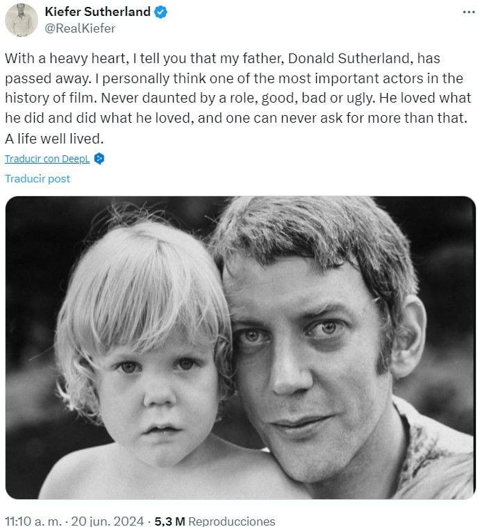 La muerte de Donald Sutherland fue confirmada por su hijo en un comunicado de X.