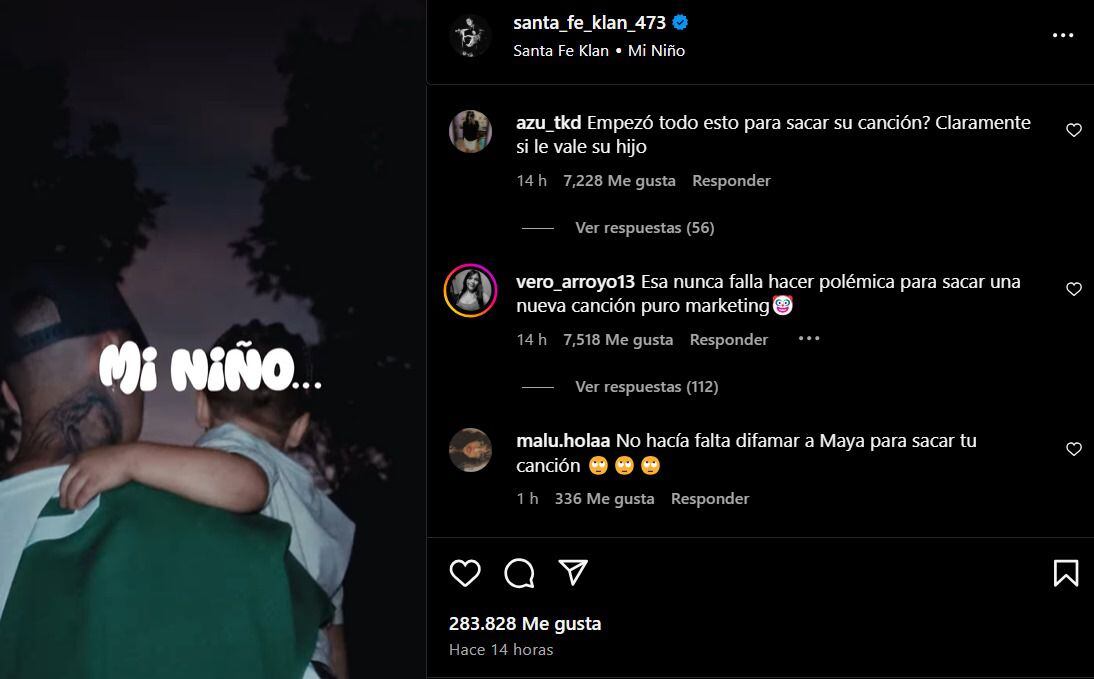 Comentarios en la publicación de Santa Fe Klan. (Foto: Captura de pantalla / Instagram)