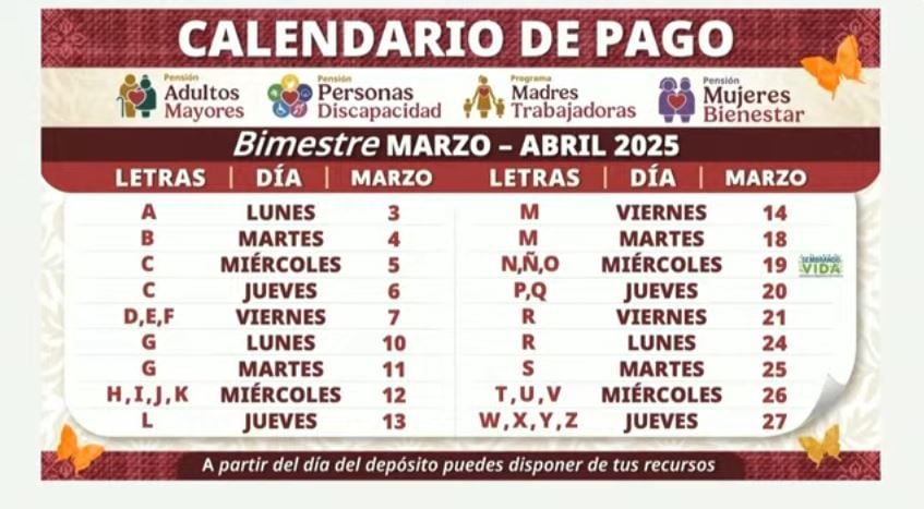 Este es el calendario de pagos de la Pensión Bienestar para adultos mayores para el bimestre marzo-abril.