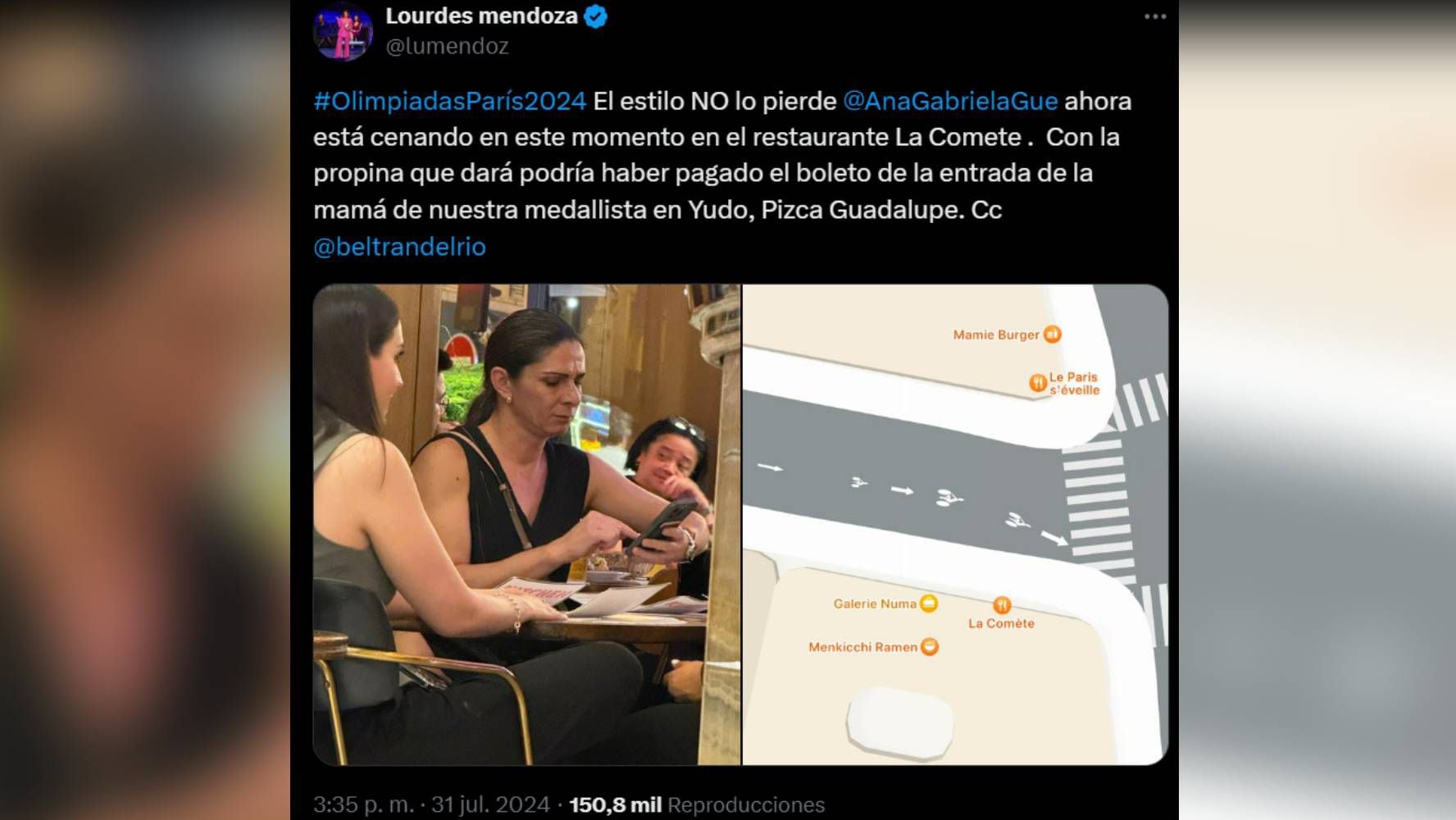 Ana Guevara fue captada en el restaurante La Comete, en París. (Captura: Redes sociales).