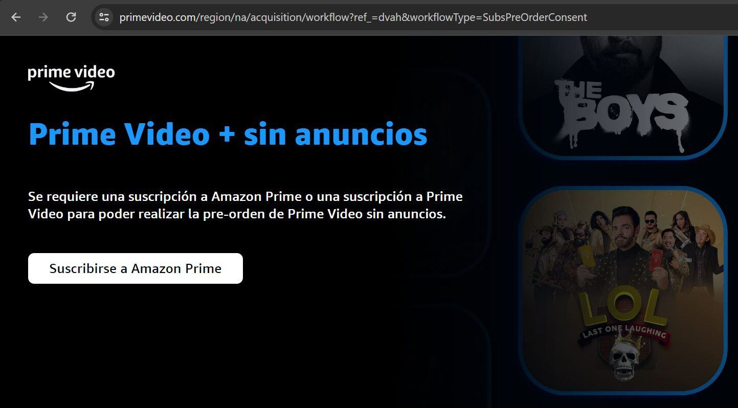Prime Video tiene la opción de 'preordenar' el plan sin anuncios por 50 pesos más al mes. (Foto: Prime Video / Captura de pantalla)