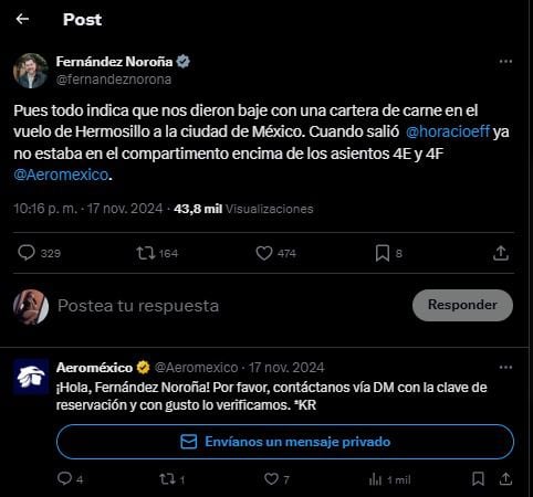 Luego de que Fernández Noroña denunció el robo de su carne; la aerolínea en la que viajó le pidió sus datos para poder realizar las revisiones correspondientes. (Foto: Captura de pantalla)