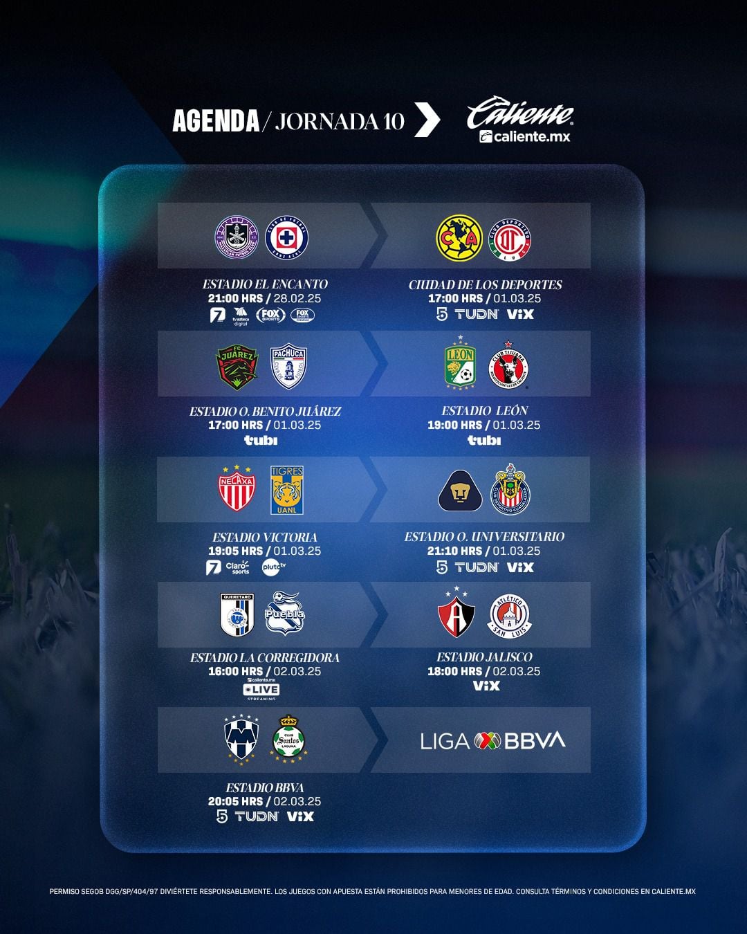 Calendario de la Jornada 10 del torneo de Clausura 2025 de la Liga MX. (Foto: Liga BBVA MX)