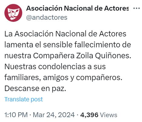 La Asociación Nacional de Actores confirmó la muerte de Zoila Quiñones. (Foto: X / andactores)
